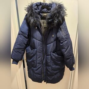 Maje Navy Fur-Trimmed Puffer Coat